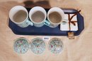 Set Of 3 Covered Coffee/tea Cups Plus Extras
