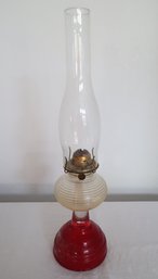 Vintage P&A Oil Lamp Ribbed Body Pedestal Style Flashed Ruby Base