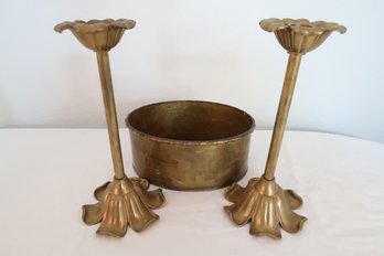 Brass Candlesticks And Oval Container
