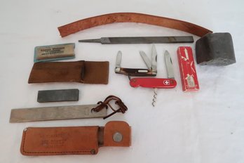 Pocket Knife Lot W/ Sharpening Stones
