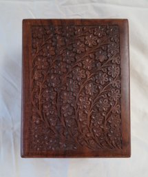 Wood Box With Floral Carving And Disguised Inner Compartment