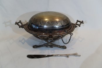 Antique English Oval Revolving Lid Butter Dish, Silver Plate With Knife