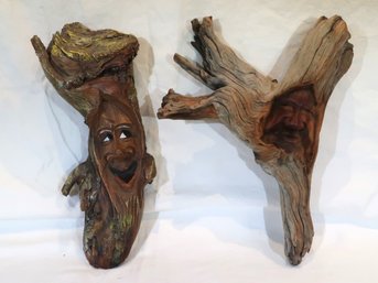 Pair Of Hand Carved Wood Tree Spirit Faces