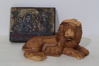 Carved Olive Wood Lion & Lamb & Icon Picture