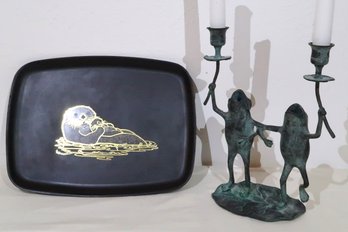 Metal Frog Candelabra And Otter Cororoc Tray