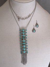 Lucky Brand Ladder Necklace & Earrings With Turquoise Colored Stones