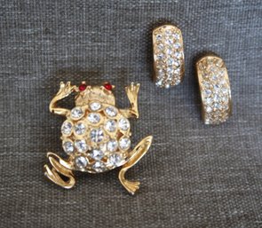 Vintage Roma Frog Pin Brooch And Crescent Earrings