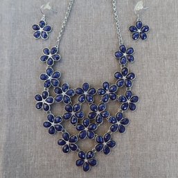 Silver Tone And Faceted Navy Blue Necklace & Earring Set