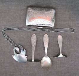 Vintage Child's Food Pushers, Spoon, Pewter Swan Pendant Necklace