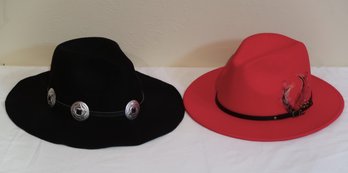Two Felt Hats. One Red Fedora, One Black Western