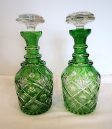 Pair Of Two Large Emerald Green Cut To Clear Crystal Decanters With Stoppers