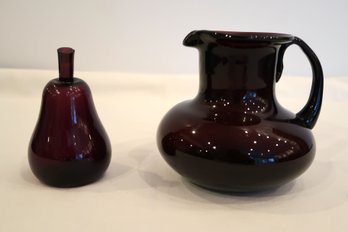 Amethyst Glass Pitcher And Pear