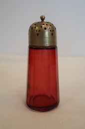 Antique Cranberry 12-Panel Glass Brass Lid Sugar Shaker Muffineer