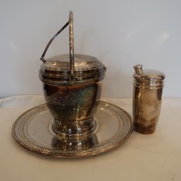 Vintage Barware Silver Plate Ice Bucket, Shaker, Tray