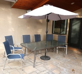 Glass Top Patio Table With Chairs & Umbrella