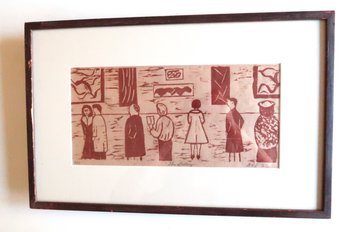 Woodcut Print People In Art Gallery (in Red)