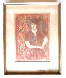 Woodcut Print Woman (smoke Damaged)