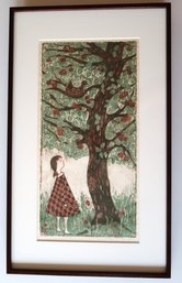 Framed Colored Block Print Girl With Tree