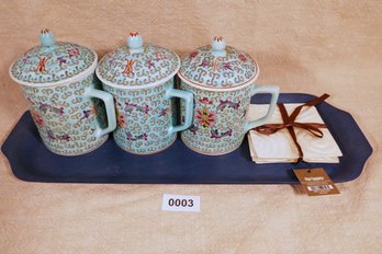 Set Of 3 Covered Coffee/tea Cups Plus Extras