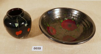 Black With Red Flowers, Pottery Bowl, Glass Vase