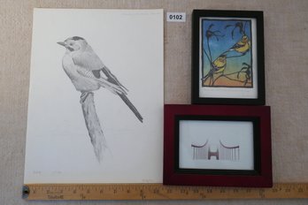 Set Of Two Small Framed Art And One Original Pencil Drawing
