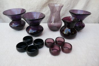 Lot Of Purple Glass Vases And Votive Candle Holders
