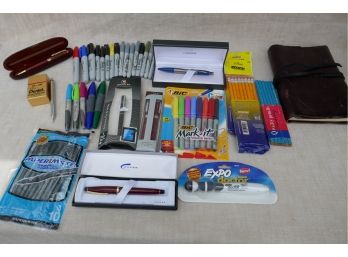 Lot Of Sharpie Markers, Leather Bound Parchment Journal,  And Other Office Supplies