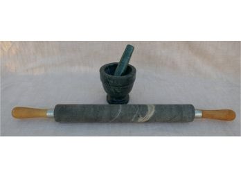Green Marble Rolling Pin And Mortar/ Pestle Set