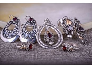 Vintage Sterling Silver And Garnet Bali Snake Or Dragon Pendant, Pin, Rings And Earrings (77)
