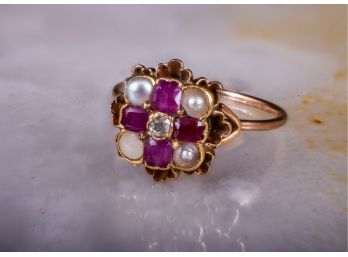 18k Yellow Gold Pearl Ruby And Diamond Ring (90)