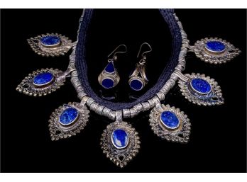 Vintage Middle East Lapis Lazuli 7 Pendant Necklace And Earrings (49)