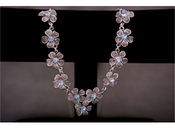 Continental Silver (800) Filigree Necklace Flowers With Blue Stones (57)