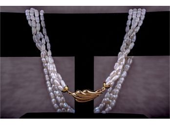 Quality 5 Strand Freshwater Pearl Necklace With 18k Gold Shell Clasp (71)