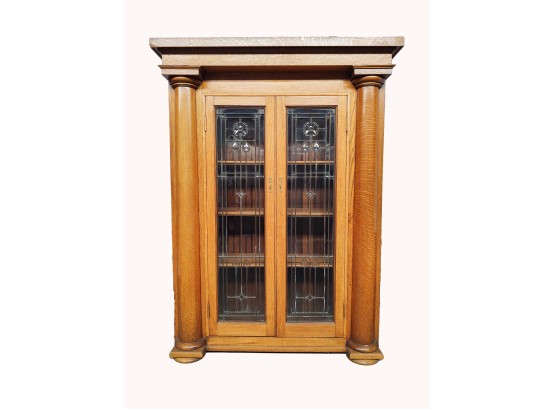 Antique Oak Bookcase W/Leaded Glass Doors