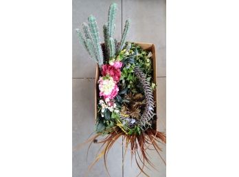 Box Of Fake Flowers And Cactus