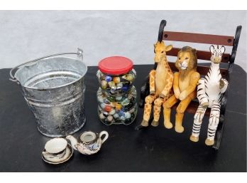 Zoo Animalson Mini Rocking Bench/Marbles/Tin BucketMini Tea Set