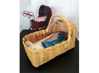 Wicker Bassinet And Doll Buggy
