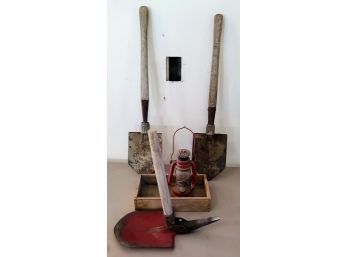 Vintage Shovels And Mini Lantern