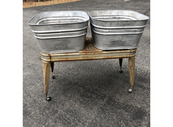 Vintage Wheeling Galvanized Metal Double Basin Washtub