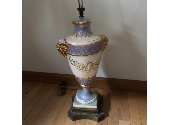 Vintage Ceramic Lamp With Rams And Gold Accents