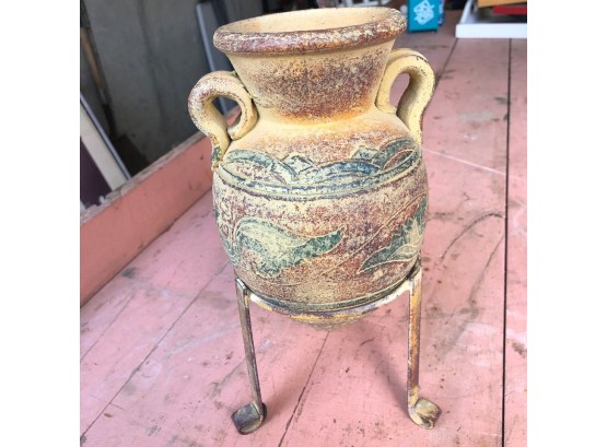 Clay Vase With Metal Stand