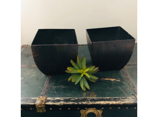 Set Of Two Metal Pots And A Faux Succulent