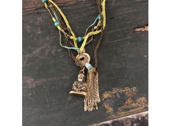 Chartreuse And Brass Metal Buddha Multi Necklace