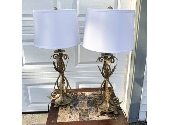 Gold Tone Table Lamp Pair With Drum Shades