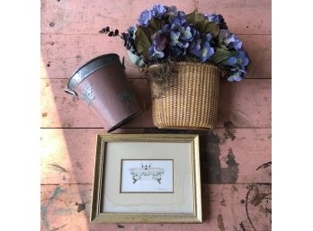 Bath Print, Basket Of Faux Flowers And Galvanized Container