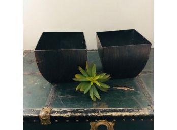 Set Of Two Metal Pots And A Faux Succulent