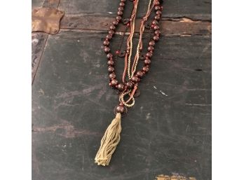 Black Bead Red String And Jute Tassel Necklace (No. 2)