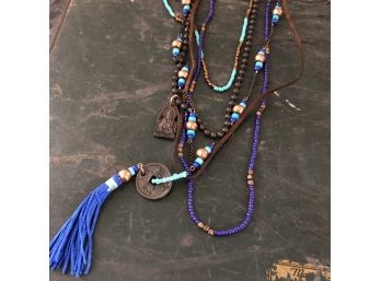 Indigo And Turquoise Metal Coin Tassel Necklace