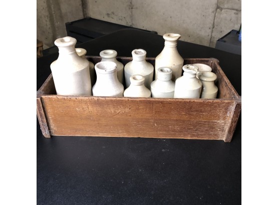 Wooden Crate With Vintage Stoneware Bottles