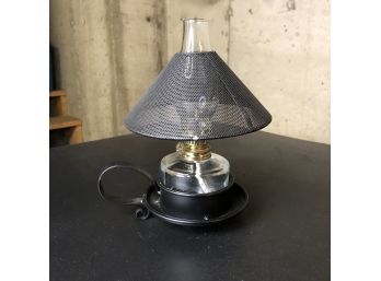 Small Oil Lamp With Glass Chimney And Metal Shade